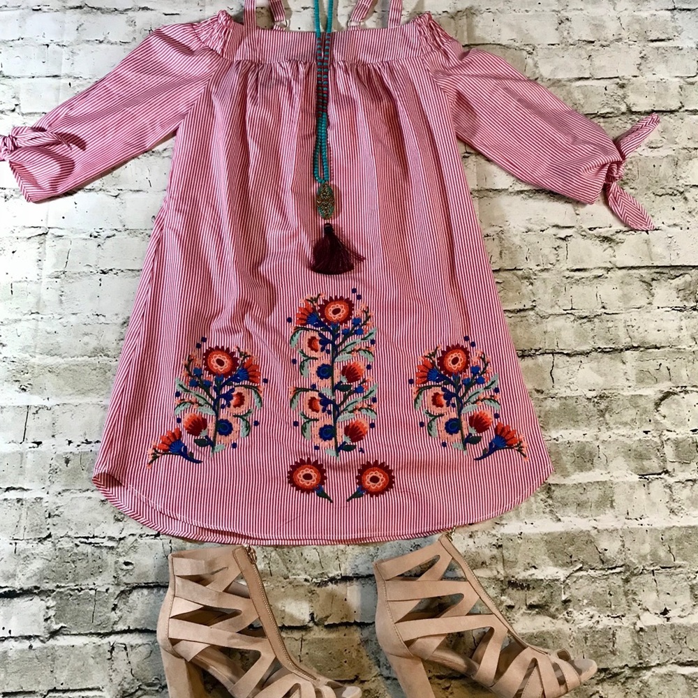 Beautiful Red Stripe Dress w/ embroidered flowers.